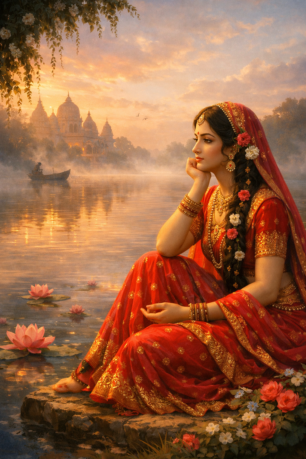 Radha Rani sitting on Yamuna riverbank at dawn in red sari looking wistfully at river with morning mist and lotus flowers — HD wallpaper